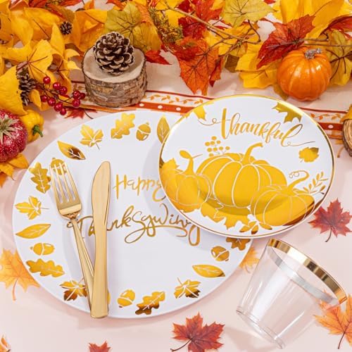 Festiva 176Pcs Thanksgiving Plastic Plates - Heavy Duty Thanksgiving Plates - Thanksgiving Disposable Dinnerware Set include 50 Plates,75 Silverware, 25 Cups, 25 Pumpkins Napkins, 1Tablecloth - Image 4