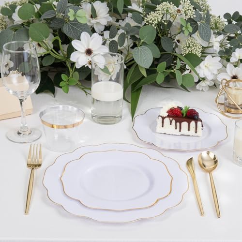 bUCLA 180PCS White and Gold Plastic Plates Disposable - White with Gold Rim Dinnerware Set Include 30 Guests Dinner & Dessert Plates, Cups, Cutlery Set for Wedding, Party & Thanksgiving Table Decor - Image 3