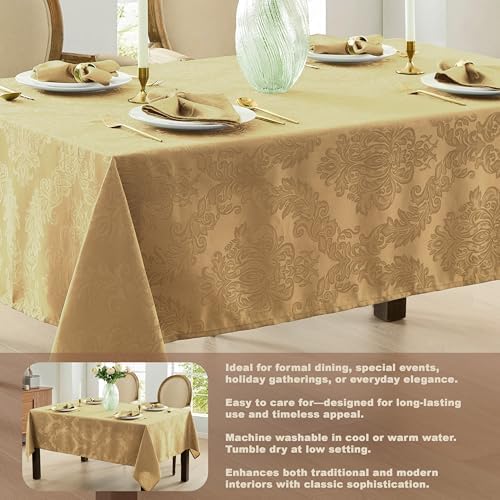Newbridge Barcelona Damask Fabric Tablecloth, 60 x 84 Inch Rectangle, Gold – No Iron, Soil Resistant Table Cover for Dining, Parties and Holidays - Image 4