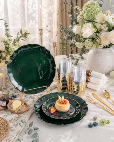 bUCLA 175PCS Green Plastic Plates - 25 Guests Gold Rim for Party, Wedding - Image 3