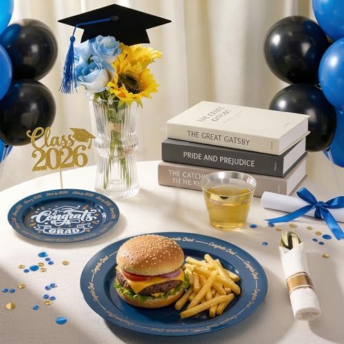 Goodluck 350 Piece Graduation Navy Blue Plastic Dinnerware Set - Image 5