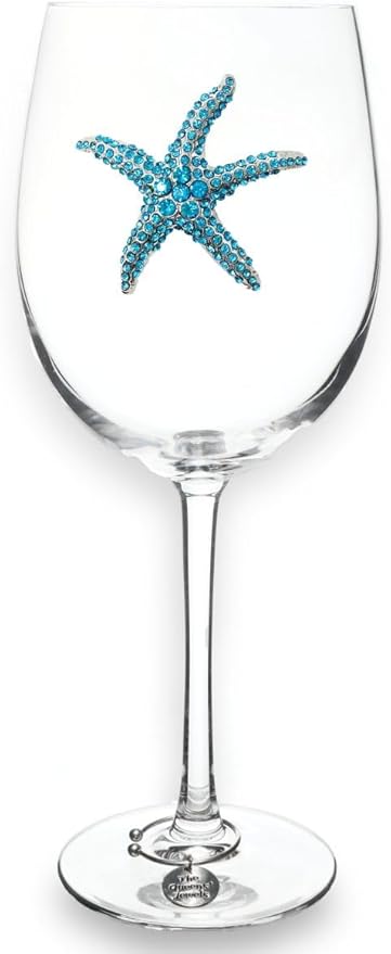 THE QUEENS' JEWELS Blue Starfish Jeweled Stemmed Wine Glass, 21 oz. - Unique Gift for Women, Birthday, Cute, Fun, Not Painted, Decorated, Bling, Bedazzled, Rhinestone