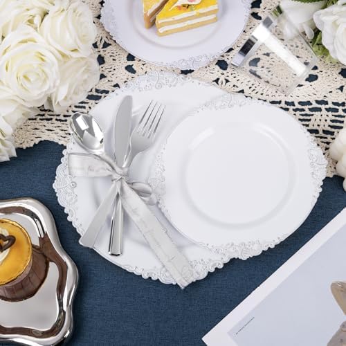 Nervure 600Pcs Silver Plastic Plates, Plastic Dinnerware Set for 100 Guests - Image 5
