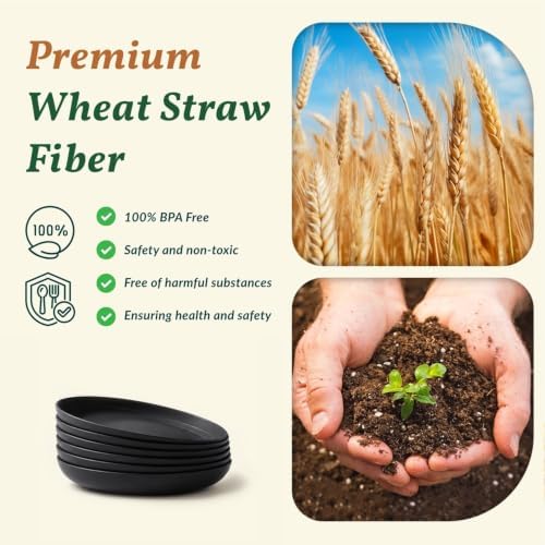 Homienly Wheat Straw Deep Plates 9 Inch Unbreakable Dinner Plates Set of 6 Reusable Plastic Plates for Salad, Bread & Butter, Breakfast, Microwave & Dishwasher Safe Camping Plates (Black) - Image 3