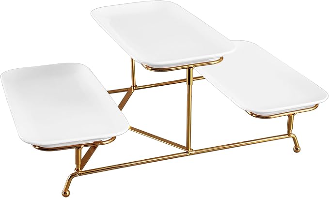 3 Tier Serving Trays for Party, 12.2 Inch Porcelain Serving Platters and Tiered Trays, Foldable Sturdy Gold Stand, for Food Display, Fruit, Cake Dessert, Decoration Entertaining, White
