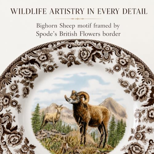 Spode Woodland Bighorn Sheep Salad Plate - 8" Fine Earthenware, British Flowers Border, Rustic Game Animal Design Made in England - Microwave, Oven, Freezer, Dishwasher Safe for Holiday Dining - Image 2