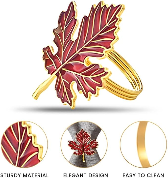 Decozen Set of 8 Red Gold Napkin Rings in Leaf Design, Festive, Table Decor Setting for Holiday, Wedding, Birthday, Kitchen, Home Decor, Housewarming Gift - Thanksgiving & Christmas Gift Decoration