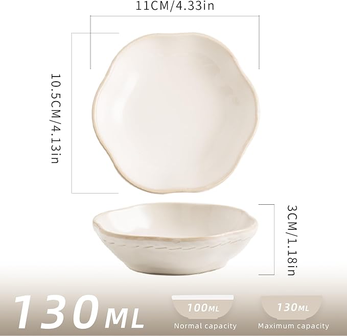 4.4Oz Kiln-Changed Dipping Bowls, 4.3 Inches Ceramic Flower-Shaped Soy Sauce Dishes, Small Appetizer/Side Plates Set of 4 (white)