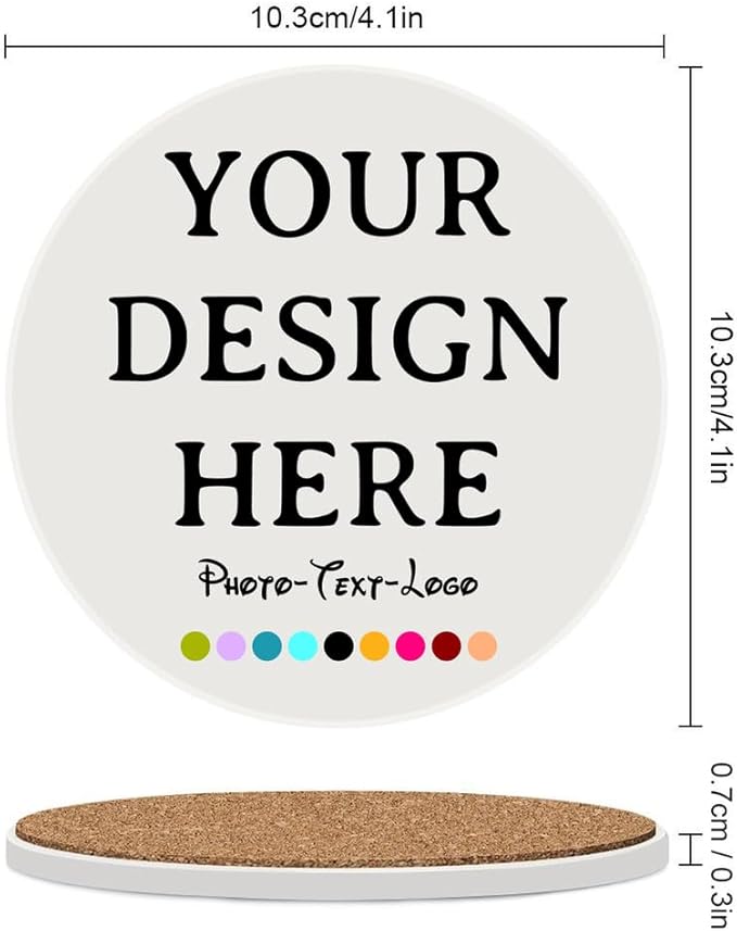 Set of 4 Custom Ceramic Coaster Personalized Coasters for Drink Add Your Text Logo Image Photo, Customized Decor Gifts Coaster for Crafts, Wedding, Bar, Home, Office, Kitchen, Restaurant