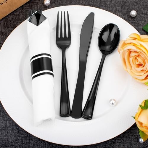 Supernal 60 Pack Pre Rolled Black Plastic Silverware with Napkins Set - Image 3