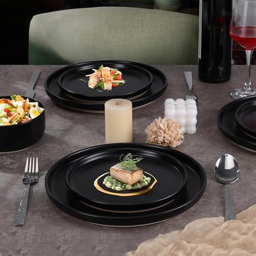 LIANYU Stoneware Dinnerware Sets for 4, 12 Piece Plates and Bowls Set, Ceramic Dishware Dishes for Dining, Scratch Resistant Kitchen Porcelain Plates, Microwave & Dishwasher Safe, Matte Black - Image 3