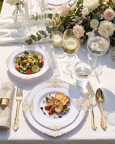 Nervure 175Pcs White and Gold Plastic Plates, Dinnerware Set for 25 Guests - Image 6