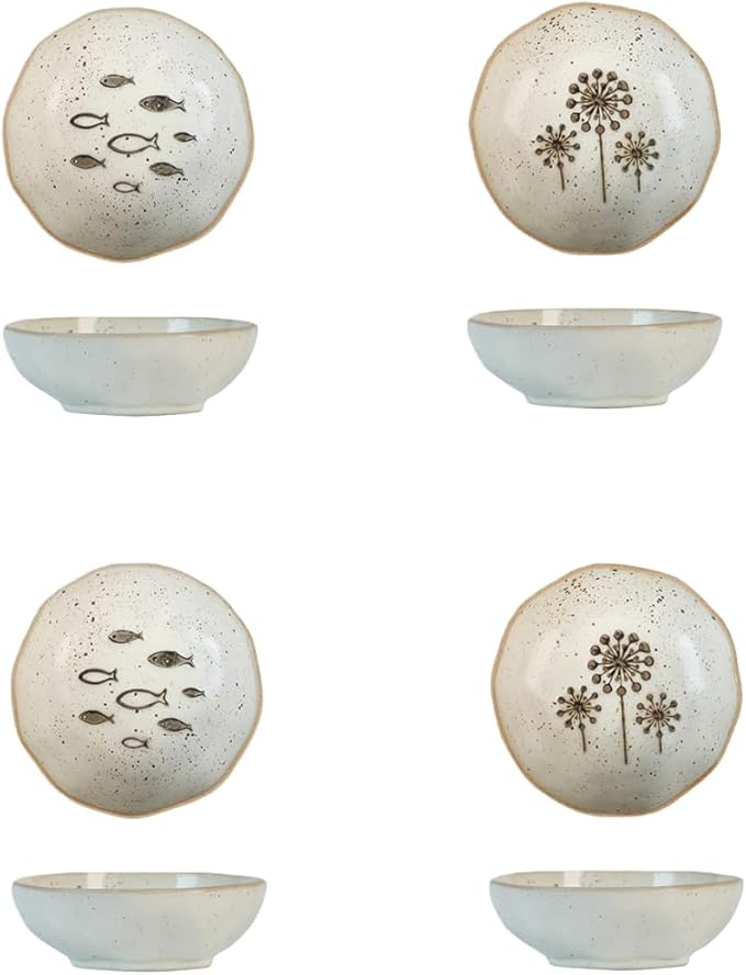 4-Pack Small Ceramic Bowls, （3.5in） Mini Dip Bowls with 2 Fish & 2 Sunflower Designs | Thickened Ramekins for Sauce, Snacks, Ice Cream, Charcuterie | Dishwasher & Oven Safe