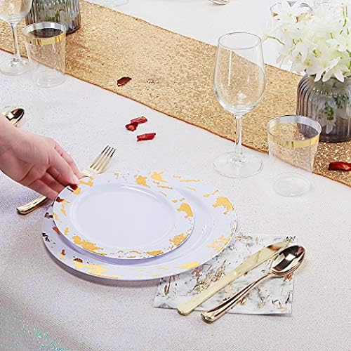 Nervure 175PCS Gold Plastic Plates with Marble Printing & Gold Plastic Silverware:50 Plates, 25 Forks, 25 Knives, 25 Spoons, 25 Cups, 25 Napkins for Thanksgiving & Wedding - Image 3