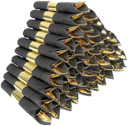 100 Pack Pre Rolled Gold Plastic Silverware Set with Napkins by Dlebay