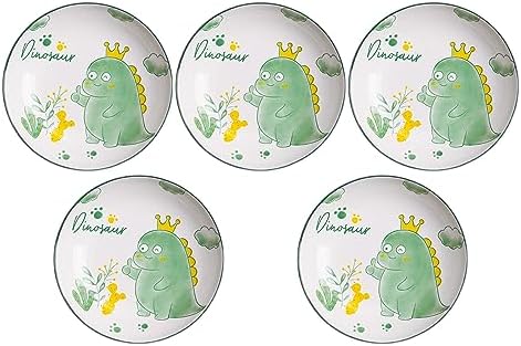 Set of 5 Porcelain Plates with Dinosaur Pattern, 7 inch Large Dessert Salad Ceramic Dinner Plates, Serving Pasta Dishes for Steak, Pasta, Pizza, Appetizer (Dishwasher & Microwave Safe) by Decohomeforu