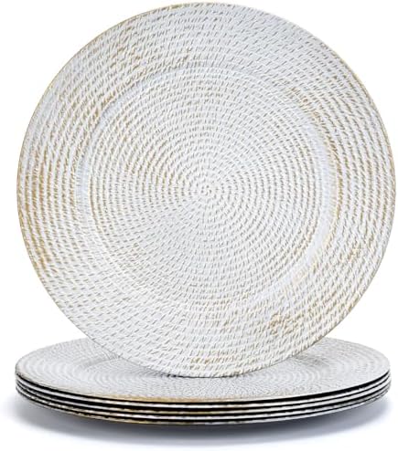 13" White Round Charger Plates Set of 6, Plastic Rattan Chargers for Dinner Plate, Festival Tabletop Decor Table Setting Centerpiece Bulk Event, Party by Kazozobi