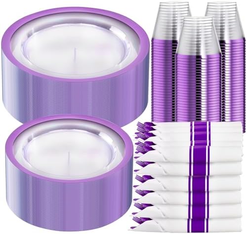 I00000 210 Pcs Clear Purple Plastic Plates, Fancy Disposable Dinnerware Set by I00000