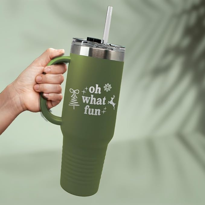 Speedy Pros Tumbler Cups with Straw Oh What Fun Christmas Xmas Coffee Tumbler with Lid Personalized Insulated Travel Mugs Engraved Stainless-Steel 20 Oz Forest Green Design Only