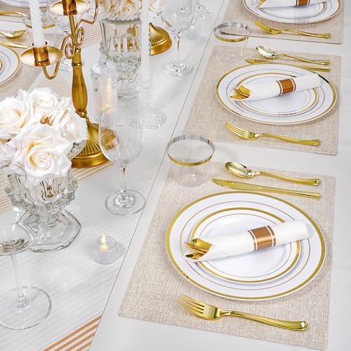 175 PCS White and Gold Plastic Dinnerware Set for 25 Guests, 50 Disposable Plates for Party, 25 Pre Rolled Napkins with Gold Silverware, 25 Cups - Image 5