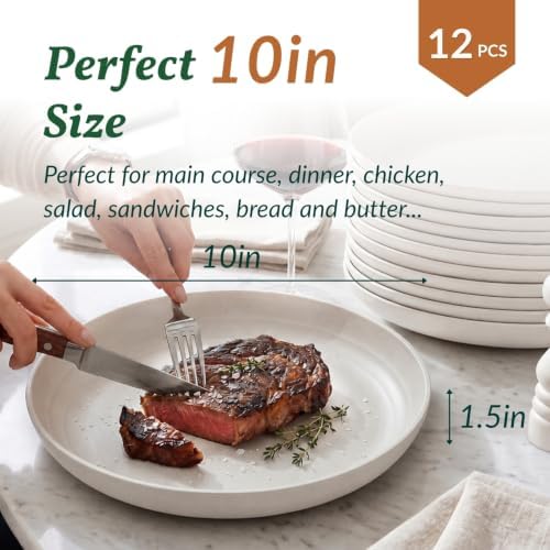 Homienly 12 PCS Wheat Straw Plates 10 Inch Unbreakable Deep Salad Plates Set Microwave Safe Plastic Plates for Apartment, Camping, Gathering Dishwasher Safe Bread & Butter Plates for Dessert (White) - Image 2