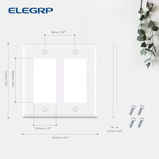 ELEGRP 2-Gang Decorative Wall Plates, Standard Size 4.53" H x 4.57" L Unbreakable Thermoplastic Faceplate Cover for Decorator Receptacle Outlet Switch, UL Listed (5 Pack, Glossy White)