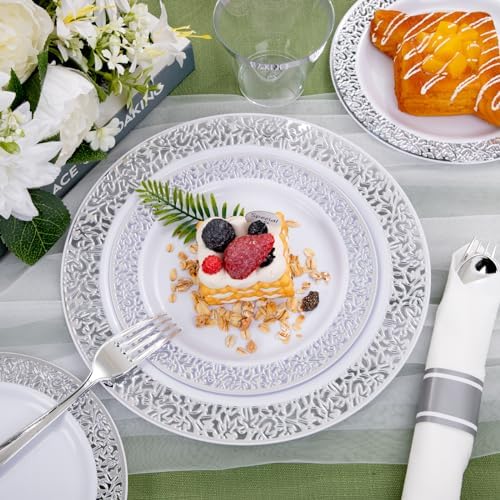 WELLIFE 175Pcs Silver Dinnerware Sets, Include:25 Dinner Plates, 25 Dessert Plates, 25 Paper Napkins, 25 Cups, 75 Silver Silverware Set for Party and Weddings - Image 3