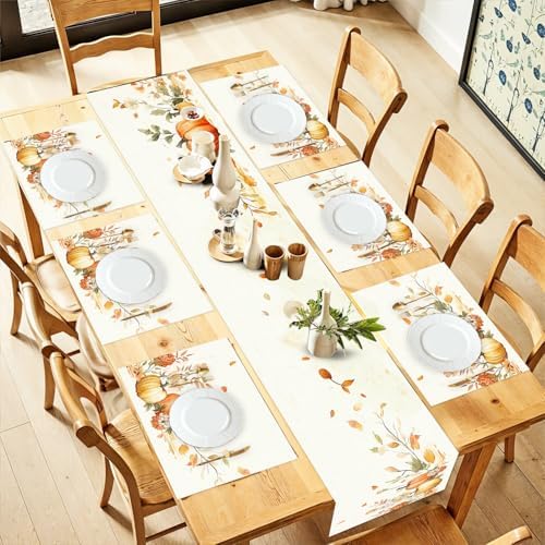 ANNA QUEEN Pumpkin Harvest Table Runner and Placemats Set of 6, 13"x72" Table Runner with 12"x18" Placemats, Rustic Fall Dining Set for Thanksgiving, Autumn Kitchen Decor by ANNAQUEEN