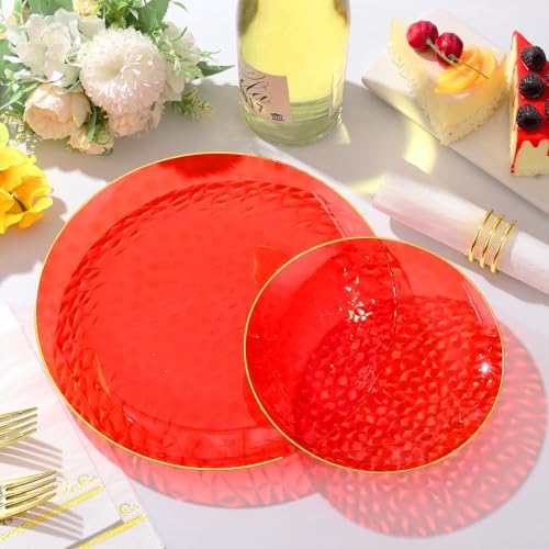 64 Pcs Red Plasitc Plates for Patriotic Day, 32 Guests Clear Red Plates with Gold Rim, Hammered Plastic plate for 4th of July, Baby Shower Wedding - Image 2