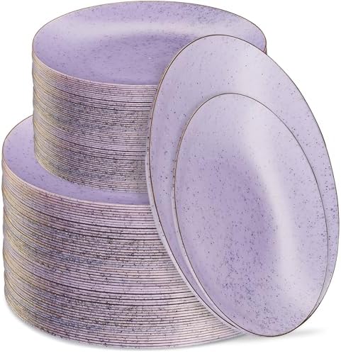 PLASTICPRO 128 Pack Elegant Disposable Plastic Plates Combo Set Bulk Pack Includes 64 Dinner Plates and 64 Salad Plates Heavy Duty Fancy Party Plates Purple Granite Plates with Gold rim by PLASTICPRO
