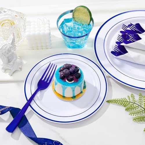 WELLIFE 350 Pieces Blue Plastic Plates - Disposable Silverware and Cups, Include: 50 Dinner Plates 10.25”, 50 Dessert Plates 7.5”, 50 Blue Cups 9 OZ, 50 Plastic Cutlery - Image 3