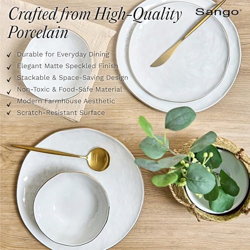 Sango 12-Piece Lightweight Porcelain Dinnerware Set for 4, Glossy Vanilla White Plates and Bowls Sets, Gold Rims, Farmhouse Ceramic Dish Set, Rustic Dishes, Microwave and Dishwasher Safe, Gansevoort - Image 5