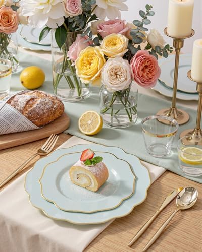bUCLA 180PCS Green Plastic Plates - Disposable Sage Green with Gold Rim - Include 30 (Dinner & Dessert) Plates, 30 Knives, 30 Forks, 30 Spoons and 30 Cups for Party, Spring & Shower - Image 3