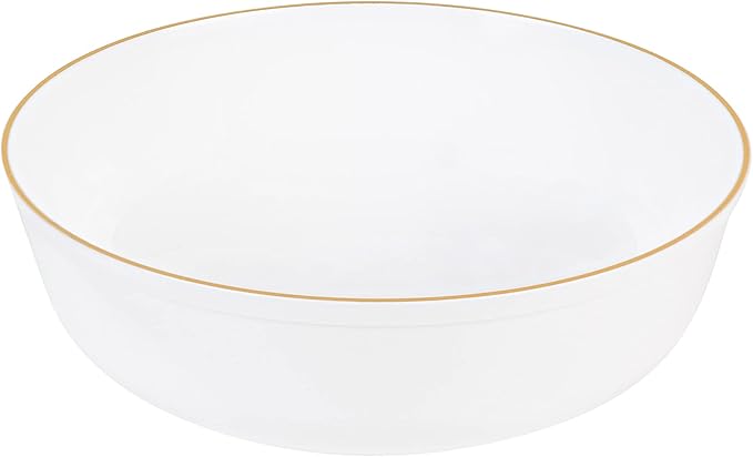 [30 Pack 16 OZ Bowls] Edge Collection White with Gold Rim Plastic Party Soup Bowls Premium heavyweight Elegant Disposable Tableware Dishes