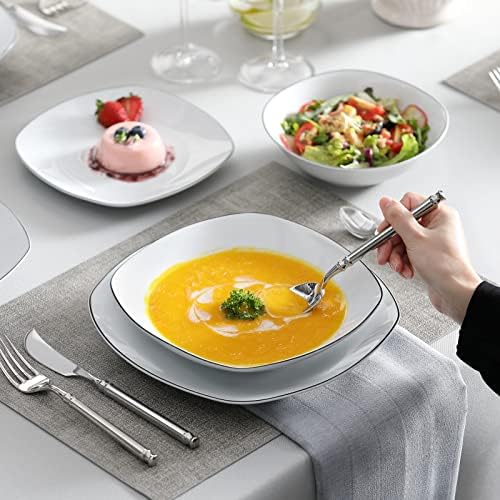 MALACASA Dinnerware Sets, 24 Piece Porcelain Square Dishes, White with Black Rim Plates and Bowls Sets, Ceramic Dish Set for 6, Chip Resistant Dishware Sets, Series ELISA - Image 6