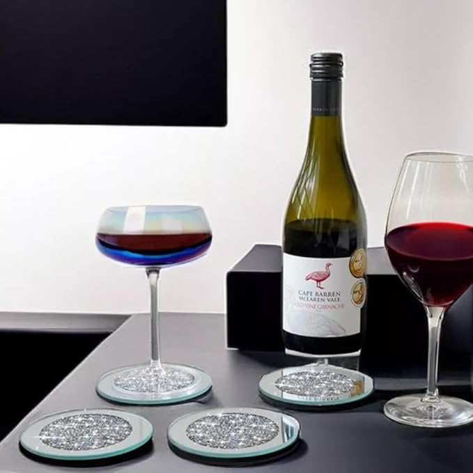 Crushed Diamond Crystal Glass Mirrored Round Coasters Set of 4 Glittering Bling Silver TRENDZY ® Drink Wine Coasters for Home Kitchen Bar & Restaurant Home Decor Birthday Wedding (Round)