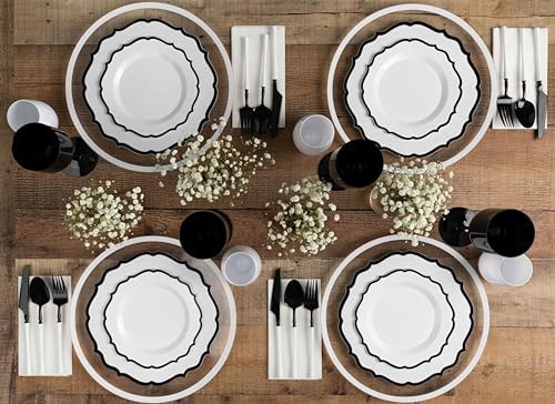 PLASTICPRO 128 Pack Elegant Disposable Plastic Plates Combo Set Bulk Pack Includes 64 Dinner Plates and 64 Salad Plates Heavy Duty Fancy Party Plates White with Black Contemporary Design - Image 2
