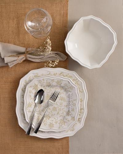 222 Fifth 12-Piece Porcelain Dinnerware Set for 4, Glossy Cream Plates and Bowls Set with Taupe Flowers, Elegant Square Ceramic Dish Set, Kitchen Tableware, Microwave & Dishwasher Safe, Batik Toile - Image 4