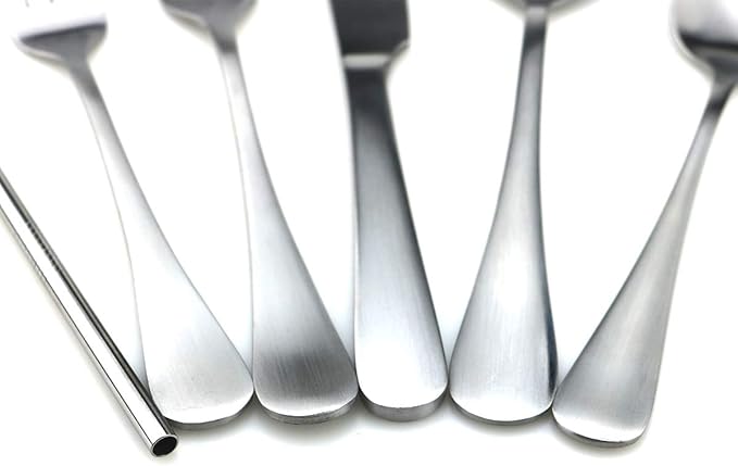 JASHII Modern Royal 5 Pcs Matte Silver 18/10 Stainless Steel Utensils Cutlery Dinnerware Set w/Drinking Straw, Knife Fork and Spoon Flatware Set for Wedding Festival Christmas Party Service for 1