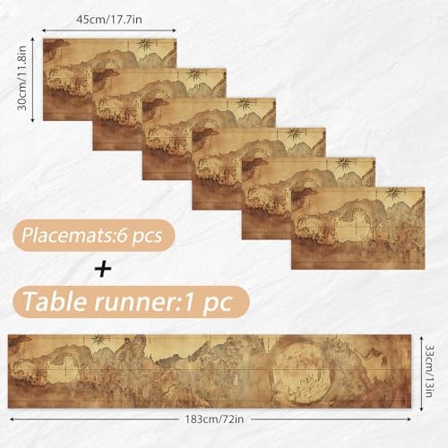 ANNA QUEEN Vintage World Map Table Runner and Placemats Set of 6 – 13"x72" Table Runner with 12"x18" Placemats, Antique Map Design, Rustic Farmhouse Dining Table Decor - Image 2