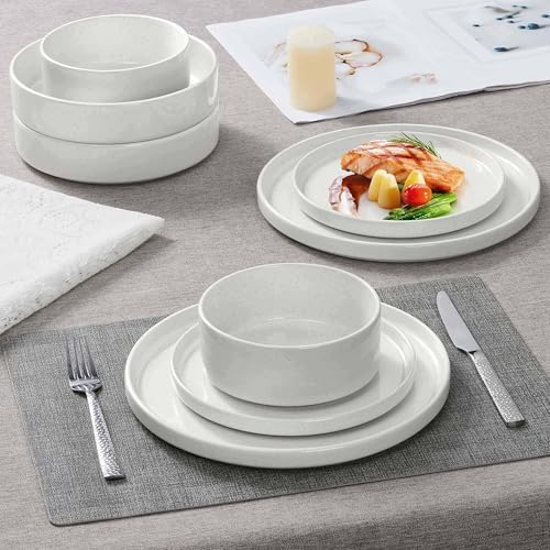 Herogo 24 Piece Dinnerware Sets with Pasta Bowls for 6, Dinner Salad Plates and Cereal Serving Bowls, Stoneware Dishes Dinner Ware for Kitchen Dining, Dishwasher & Microwave Safe, Speckled White - Image 5