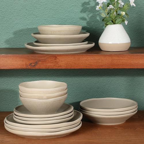 Gibson Elite Island Cove 16 Piece (Service for 4) Plates and Bowls Reactive Glaze Organic Round Dishes Stoneware Ceramic Dinnerware Set -Light Grey - Image 3
