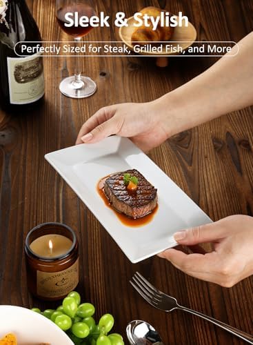 Porcelain Rectangular Dinner Platters, 9.75 Inch Rectangle Serving Plates for Sushi, Snacks, Cake, Meat & Appetizers, Set of 4, Elegant White Design - Image 4