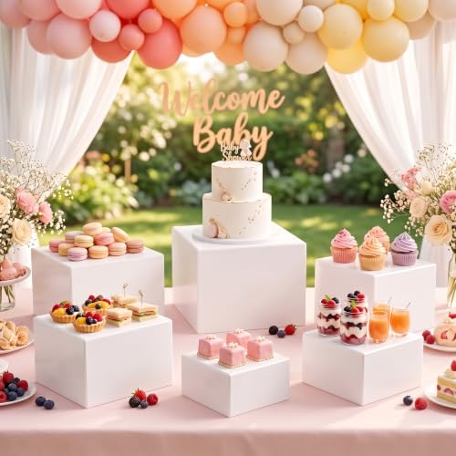 8-Piece White Acrylic Buffet Risers with Signs for Dessert Table - Image 2