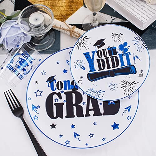 Liacere 150PCS Graduation Plastic Plates - Black and Blue Plastic Plates, Party Plates include 50Plates 25Knives 25Forks 25Spoons 25Cups for Graduation Party - Image 4