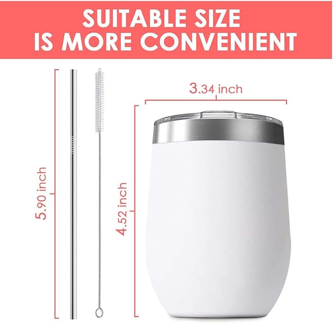 6 Pack 12 oz Stainless Steel Stemless Wine Tumbler with Lids, Double Wall Vacuum Insulated Travel Cup Including 6 Straws set,for Coffee, Cocktail, Drink, Tea and Beer (Black)