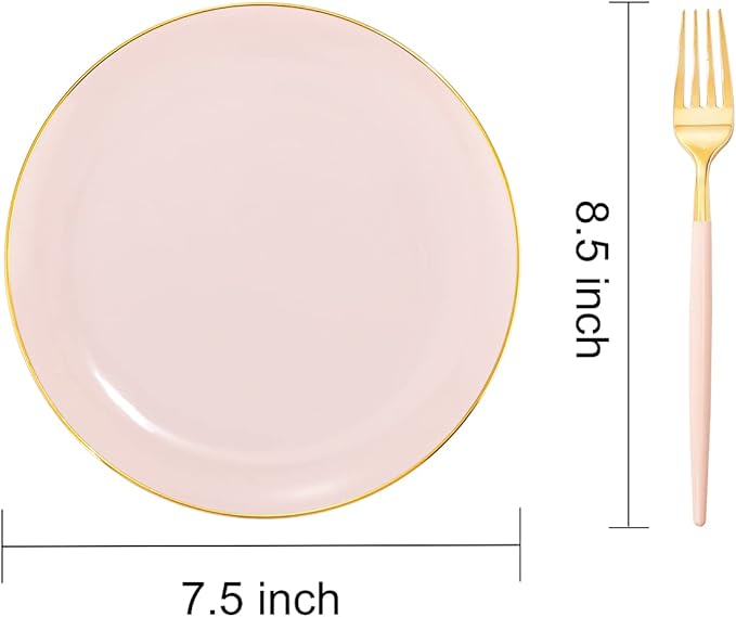 I00000 72PCS Pink Plastic Dessert Plates with Disposable Forks, Premium Pink Cake Plates, Fancy Apetizer Plate with Gold Rims Perfect for Party