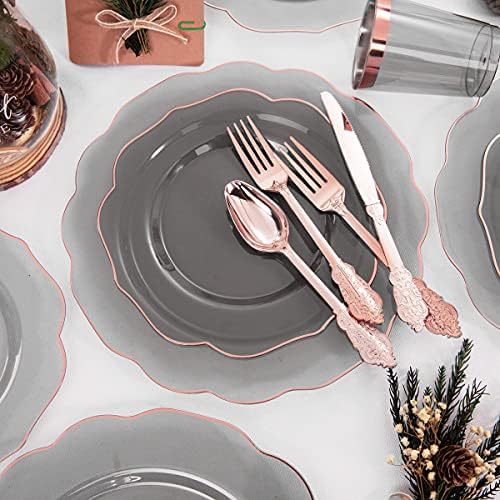 BUCLA 30Guests Clear Black Plastic Plates With Rose Gold Silverware & Cups - Rose Gold Rim Plastic Dinnerware Ideal for Party & Wedding - Image 2