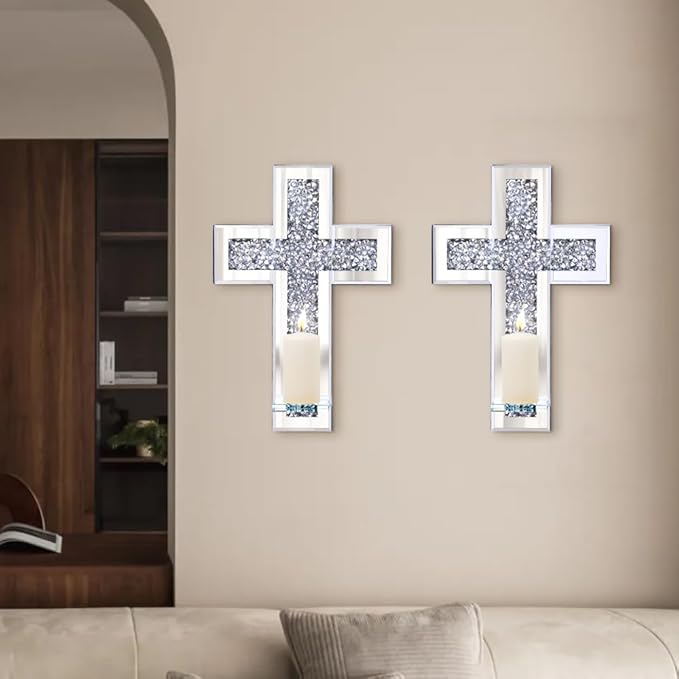 Pibeyer Crystal Crush Diamond Candle Holder Set of 2, Rectangle Silver Mirrored Candle Sconces, Wall Decorations for Living Room, Dining Room (Cross)