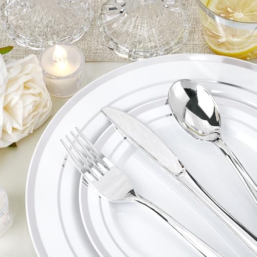 700 PCS White and Silver Plastic Dinnerware Set for 100 Guests, 200 Disposable Plates for Party, 100 Pre Rolled Napkins with Silver Silverware, 100 Cups - Image 4